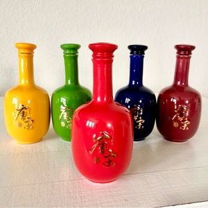 Empty Chinese Wine Bottle Lot Corked Colorful Rainbow Gold Calligraphy Vtg